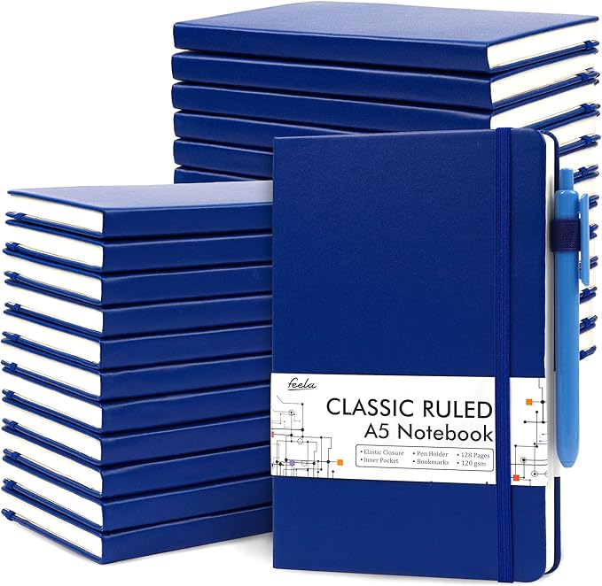 feela 24 Pack Journal Notebook for Work, Business Notebook Bulk Hardcover Lined Writing Journal with Pen Holder for Men Women Note Taking, with 24 Black Pens, 120 GSM, 5.1”x8.3”, A5, Navy