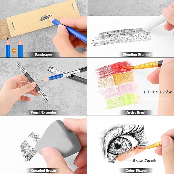 Caliart 176PCS Art Supplies Sketching Kit with 100 Sheets 3-Color Sketch Book, Graphite Colored Charcoal Watercolor & Metallic Pencils, School Supplies Gifts for Artists Adults Teens Girls Boys Kids