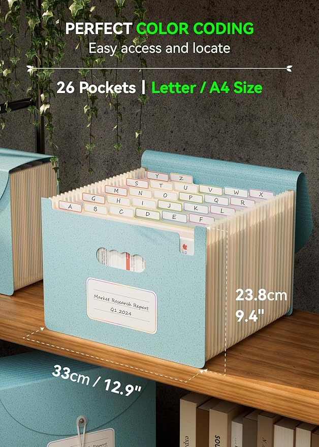 Accordion File Organizer, 26 Pockets Wheat Straw Expanding File Folder, Monthly Bill Receipt Organizer, A-Z Tabs, 100% BPA Free, Return to Nature, Healthy Living, Letter/A4 Size - Sky Blue