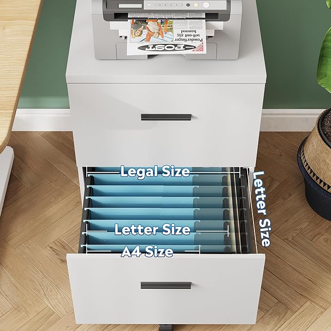 DEVAISE Wood File Cabinet, 2 Drawer Filing Cabinet for Home Office, Vertical File Cabinets with Wheels fits A4/Letter/Legal Size File, White