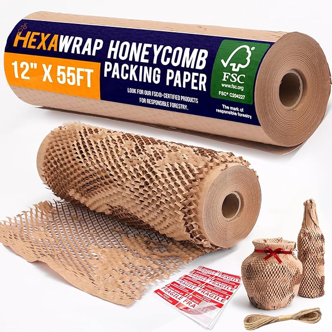 Honeycomb Packing Paper 12" x 55ft with Rope & 20 Fragile Stickers|Shipping & Moving Supplies|Small Business Packaging Supplies|Eco Friendly Bubble Wrap Packing Boxes for Moving Certified FSC C204227