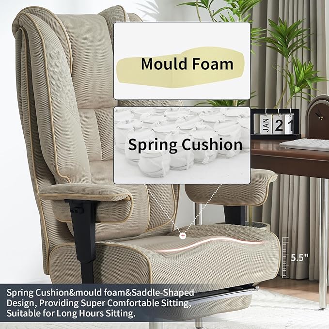 Big and Tall Office Chair 400lbs Wide Seat, Leather High Back Executive Office Chair with Foot Rest, Ergonomic Chairs Lumbar Support for Lower Back Pain Relief (Mesh Dark Beige)