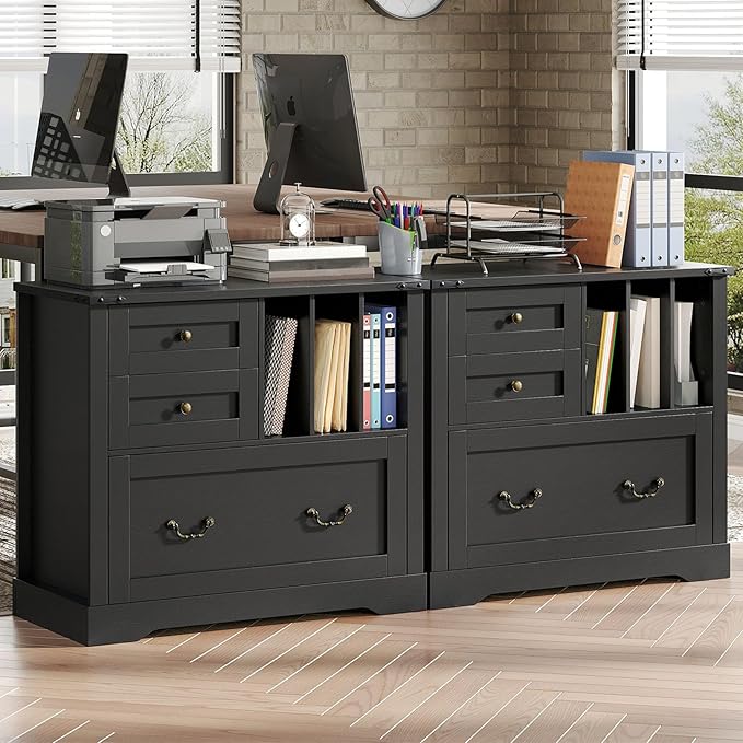 Farmhouse File Cabinet, Lateral Filing Cabinet with 3 Drawers and Folder Organizer, Office Storage Cabinet for A4 Letter Size Files, Printer Stand with Storage for Home Office, Black