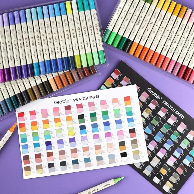 Grabie 120 Colors Dual Tone Brush Tip Acrylic Markers, Dual-Color Paint Markers with 60 Brush Tips, Double Tipped Acrylic Paint Pens for Fabric, Canvas,DIY, Canvas Art Supplies