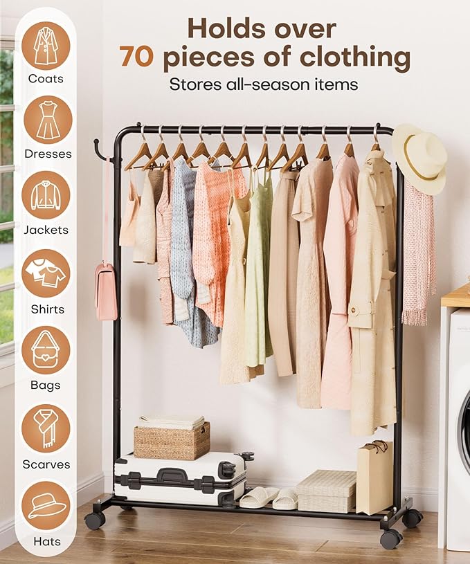 Homde Heavy Duty Clothes Rack: 120lb Standing Garment Storage for Indoor - Rolling Hanging Rod for Bedroom Laundry Room - Coat Dress Organizer on Wheels with luggage shelf (Black，46")