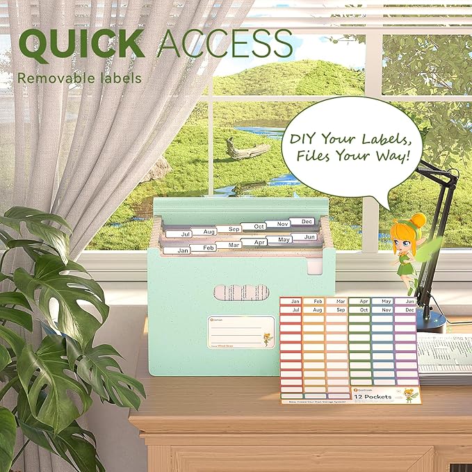 Accordion File Organizer, 12 Pockets Wheat Straw Expanding File Folder, Portable Monthly Paper Bill Tax Receipt Organizer, Letter A4 Size Document Holder，Green Office with Colorful Tab，Mint Green