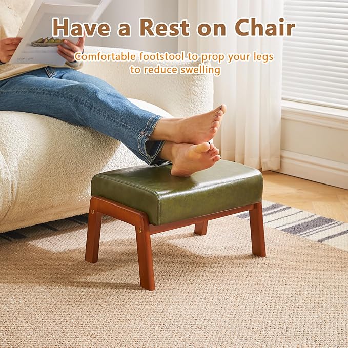 IBUYKE 10.2” H Small Foot Stool Ottoman, Rectangle PU Faux Leather Foot Rest with Padded Seat and Wood Legs, Modern Accent Ottoman Foot Rest for Living Room Bedroom Couch Office, Dark Green WBD013GR