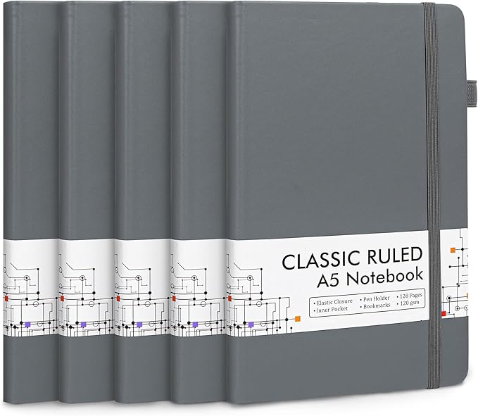 feela 5 Pack Journal Notebook Bulk for School, Hardcover Business Notebooks Classic Ruled Lined Journals with Pen Holder for Work Note Taking, with 5 Black Pens, 120 GSM, 5.1”x8.3”, A5, Gray