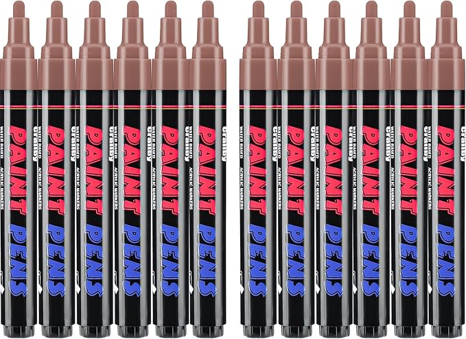 Brown Paint Pens Paint Markers - 12 Pack Permanent Quick Dry Waterproof Marker Pens for Rocks Wood Fabric Plastic Canvas Glass Mugs Metal Tire Stone