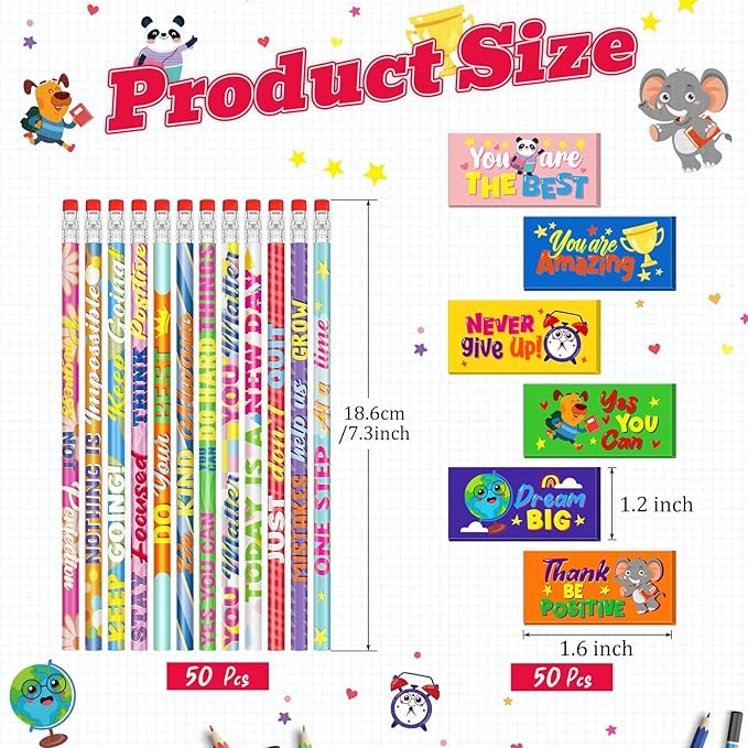 Cinrobiye 100 Pcs Inspirational Pencils with Erasers for Kids，Motivational Pencil Erasers Bulk Back to School Gifts Supplies Party Favor Goody Bag Fillers for Students Classroom Teacher Prizes Reward