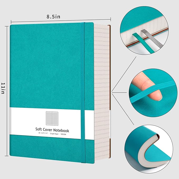 AHGXG Graph Paper Notebook - Grid Paper Notebook Large A4 8.5''×11'', 320 Pages Thick Journal, 100gsm Thick Graph Paper, Leather Softcover, Inner Pocket - Cyan