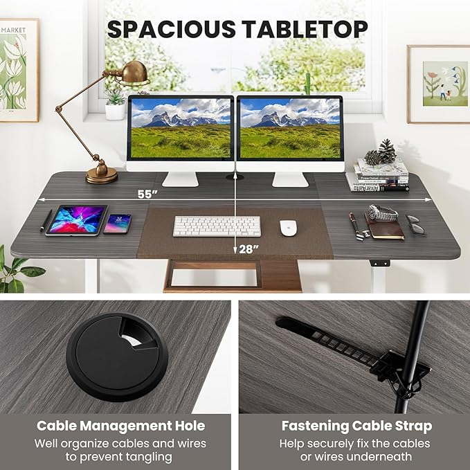 GOFLAME Height Adjustable Electric Standing Desk, 55 x 28 Inch Sit Stand Up Electric Desk with Headphone Hook, Ergonomic Standing Workstation, Electric Standing Desk with Metal Frame, Grey