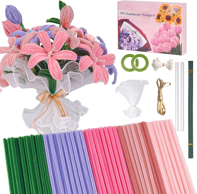 500 PCS Pipe Cleaners Craft Kit for Flower Making Lily DIY Material Bundle with 20 Stems, 100 Stamens, Ribbon, Tulle, Glue Sticks & Step-by-Step Guide Vibrant Colors, Non-Shedding, Fade-Resistant