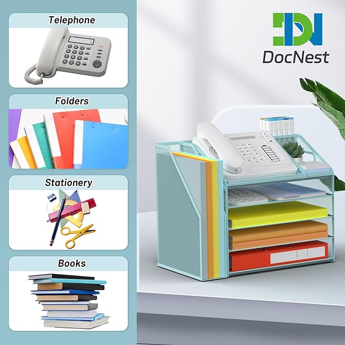 DocNest 5 Tier Paper Letter Tray File Organizer, Mesh Desk File with Handle, Workspace Desk Organizers with Pen Holder, Office Organization Storage Accessories - Blue