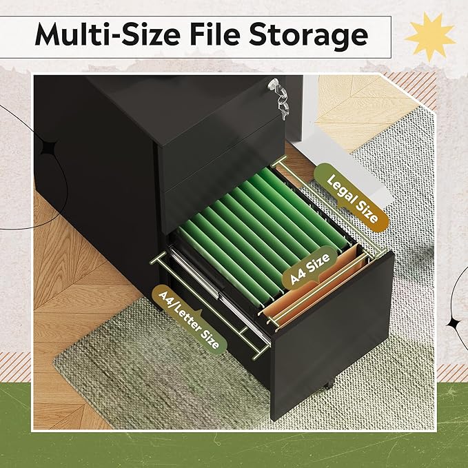 DEVAISE 3 Drawer File Cabinet with Lock, Metal Rolling Filing Cabinets for Home Office, Small Under Desk Cabinet with Slim Width (11.8 inch), Black