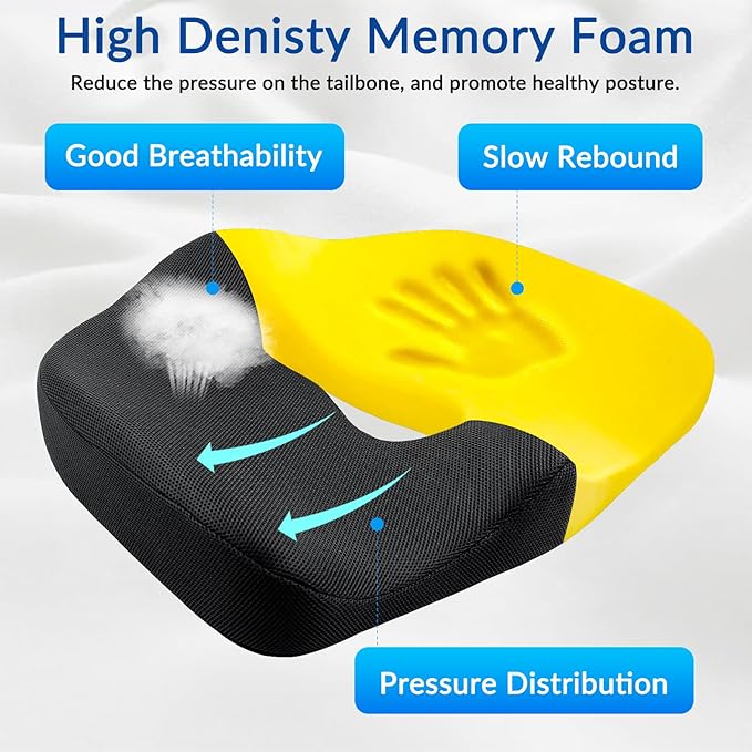 Ergonomic Memory Foam Seat Cushion for Office Chair, Extra Large Pad with U-Shaped Design for Pressure Relief, Coccyx Sciatica & Back Pain Relief, for Home, Car Long Sitting (Black/Gray)