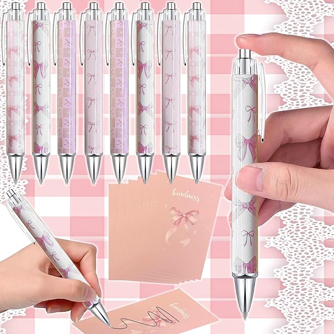 10PCS Pink Bows Ballpoint Pens Coquette Bow Ballpoint Pens Black Gel Ink Coquette Aesthetic Pens sticky notepad for Journaling Office Supplies