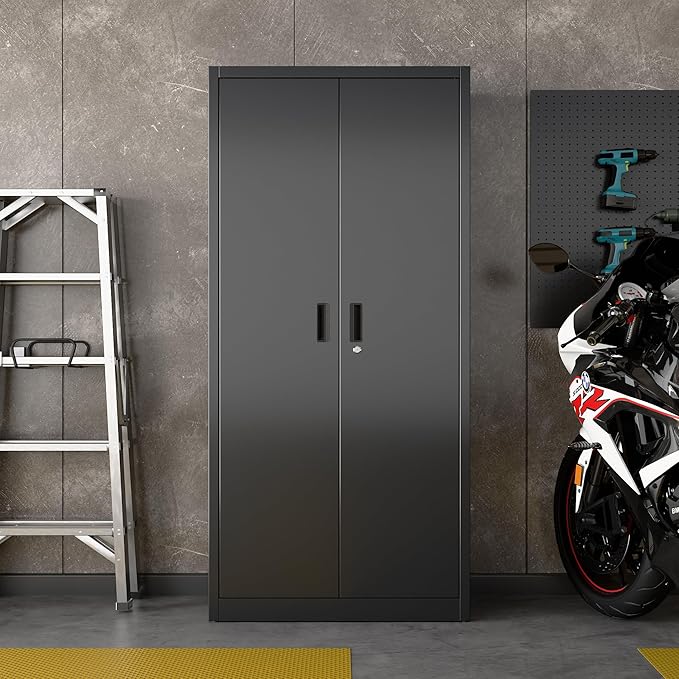 Aobabo Upgraded 71" H×34" W×18" D Metal Garage Storage Cabinet with Pegboards, Lockable Steel Cabinet with 5 Adjustable Shelves and 4 Hooks for Garage, Home, Office, Black,Assembly Required