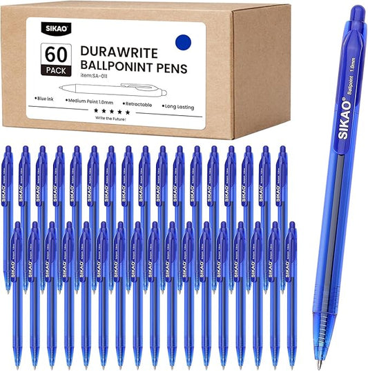 Blue Pens Bluk | 60 Pack Durawrite Retractable Ballpoint Smooth Writing | Ball Point Click Pens Blue Ink 1.0mm with Clear & Vivid Lines for Servers School Office Supplies, Lapiceros