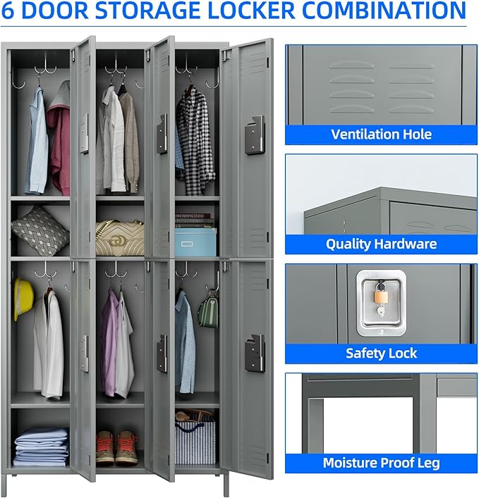 6 Doors Metal Lockers for Employees with Lock,Metal Storage Locker for Employees with 18 Hooks for School,Office, Gym,Home,Assembly Required,6 Doors Light Grey
