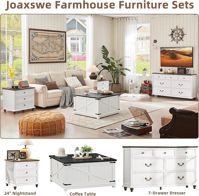 24" Wide Farmhouse Night Stand Set of 2,Large End Table with 3 Drawers & Metal Handle,White Wood Dresser for Bedroom Cabinet, Bed Side Table Chest of Drawers,Nightstand for Living Room,Closet