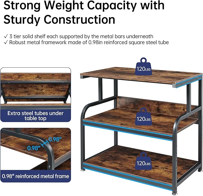 32.3" Wide Extra Large Printer Stand, 3 Tier Printer Table with Adjustable Storage Shelf, Rolling Printer Cart with Industrial Wheels for Home Office, Rustic Brown
