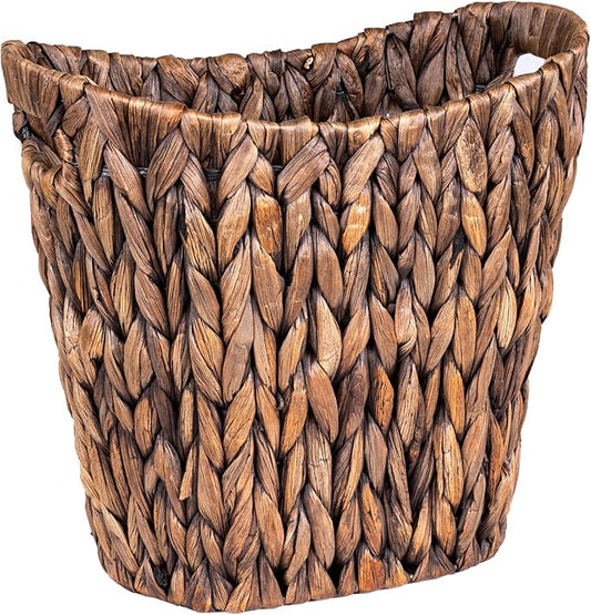 FairyHaus Wicker Waste Basket with Handle, Hand-Woven Water Hyacinth Trash Can for Bathroom Bedroom, Brown Wicker Storage 13 x 7.5 x12.2
