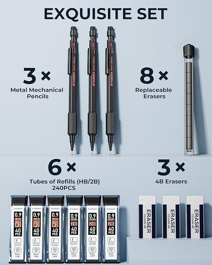 0.9mm Mechanical Pencil Set, 3PCS Metal Mechanical Pencils 0.9mm with 6 Tubes HB & 2B Lead Refills,Erasers, Weatherproof Artist Pencils with Case for Outdoor Writing Drafting Drawing
