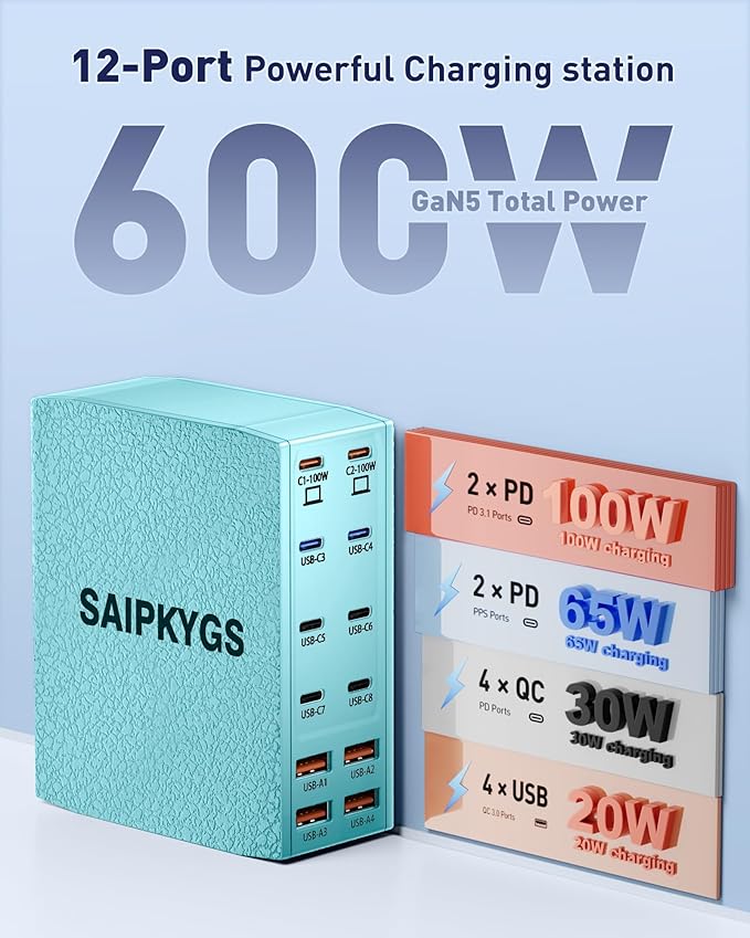 Charging Station (600W),12-Port USB C Charger Block with Dual 100W PD USB-C Fast Charging Station Hub for MacBook Pro/Air/All iPad iPhone 17/16 15/14/13/Pro Max/Samsung Galaxy Note(Green)