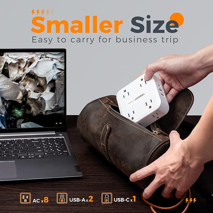 Flat Extension Cord, TESSAN Surge Protector Power Strip 5 FT with 8 Outlets 3 USB (1 USB C) Ports, 3-Sided Outlet Extender with 900J Surge Protection for Office Supplies, Dorm Room Essentials, White