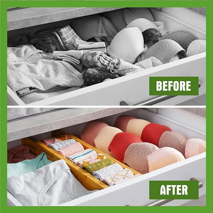 ANTOWIN Bamboo Drawer Dividers, Expandable Drawer Separators Splitter, 17-22 inches Adjustable Spring-loaded Organizer for Large Utensil, Clothes, Tools Drawers, 6 Pack Dividers + 4 Pack Baffle