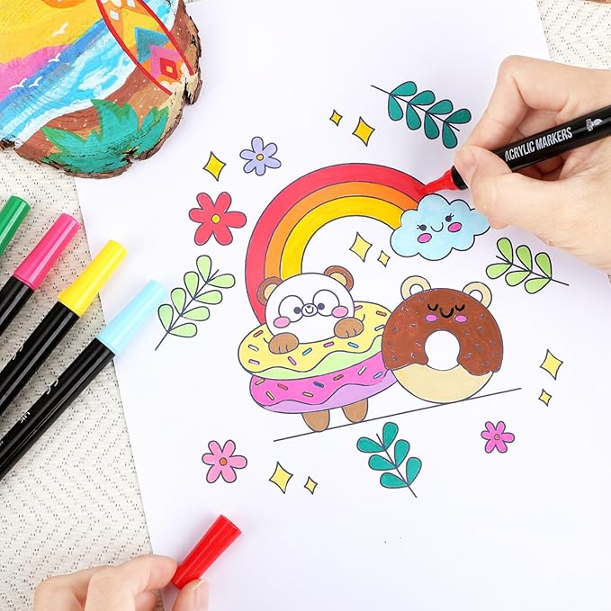 120 Colors Acrylic Paint Markers, Dual Tip Fine Tip and Brush Tip Pens Contain 24 Metallic Color for Stone, Wood, Calligraphy, Canvas, Ceramic, Metal, Glass, Rock Painting, DIY Crafts