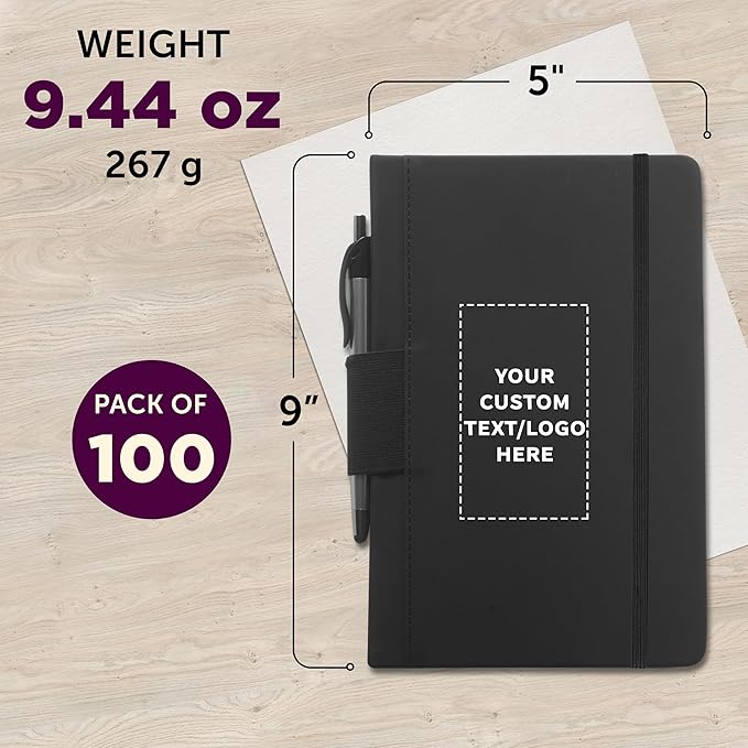 DISCOUNT PROMOS 100 Executive Notebooks with Pen Pack - Customizable Text, Logo - 6 x 8.5 inches, Recycled, Pen Loop, Closure Strap - Black