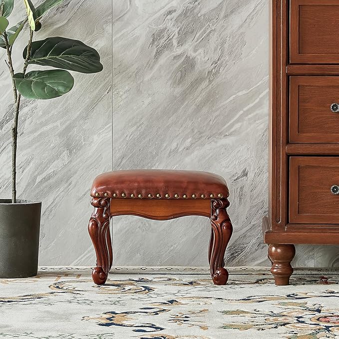 Foot Stool Ottoman Foot Rest Microfiber Leather Upholstered Footstool for Sofa, Living Room, Entryway, Solid Wood Stool (Flat Brown)