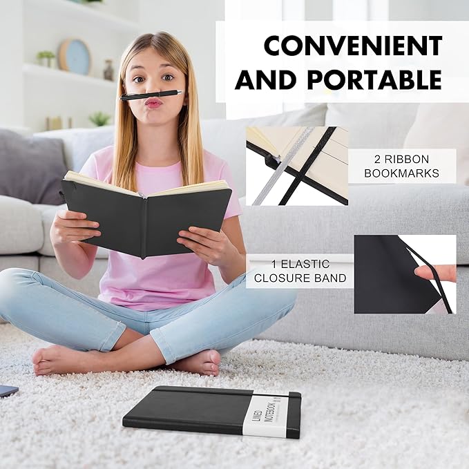 Aodaer Lined Notebook Journal with Pen A5 Notebooks 100 GSM College Ruled Hardcover Notebook PU Leather Notepad with Pen Holder for Office School, 5.7 x 8.3 Inches, Black