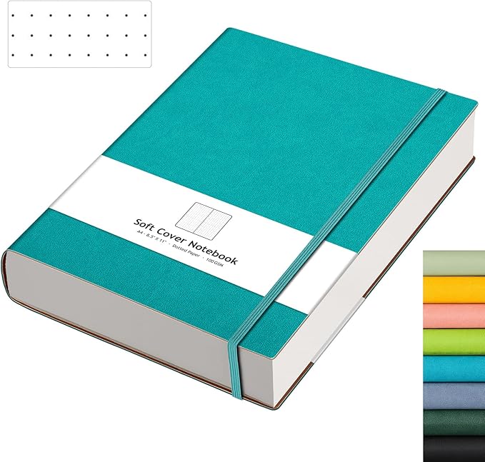 AHGXG Bullet Dotted Journal - Large A4 Notebook Dotted, 8.5''×11'', 320 Pages Dot Grid Notebook, 100gsm Thick Paper, Leather Softcover, with Journal Stencils, Inner Pocket - Cyan