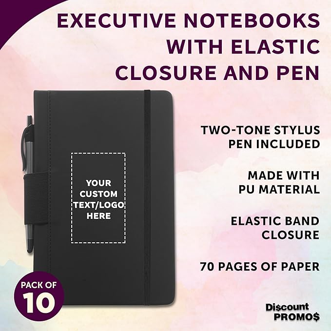 DISCOUNT PROMOS 10 Executive Notebooks with Pen Pack - Customizable Text, Logo - 6 x 8.5 inches, Recycled, Pen Loop, Closure Strap - Black