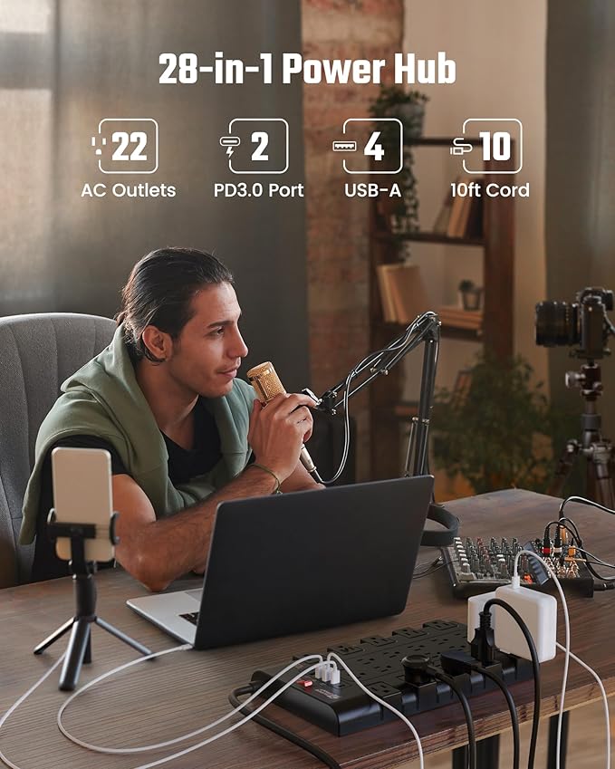 10Ft Power Strip Surge Protector, SUPERDANNY Charging Station 22 Outlets with 45W Type-C Fast Charging USB Ports, 4 USB-A, 2 USB-C, 2100J, 15A/1875W, Flat Plug Extension Cord for Home Office Black