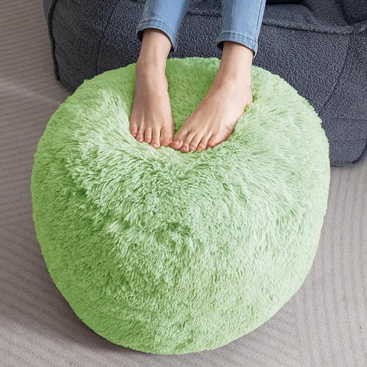 HIGOGOGO Round Stuffed Pouf Ottoman, Long Faux Fur Poufs with Foam Chunk Filling, Fluffy and Furry Pouf Foot Stool Storage Ottoman, 20 X 15 Floor Poufs Foot Rest for Living Room, Green