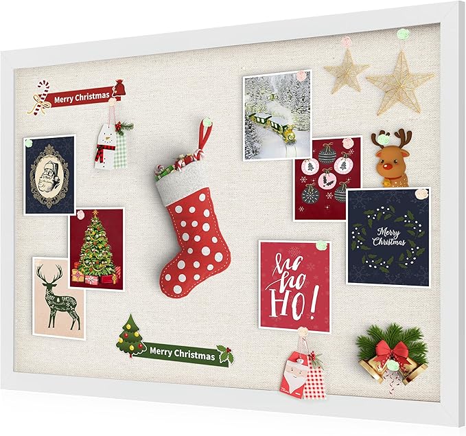 Cork Board Bulletin Board 18" x 24", Large Linen Corkboards with Frame for Walls, Cute Picture Display Pin Board Vision Board for Room School Office Bedroom 20 Pushpins Vintage White