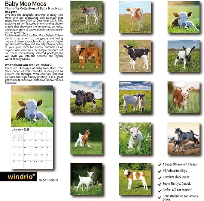 2025 Wall Calendar,Calendar 2025, January 2025 - December 2025, Wall Calendar Baby Moo Moos, 12" x 24" Opened,Full Page Months Thick & Sturdy Paper for Calendar Organizing & Planning