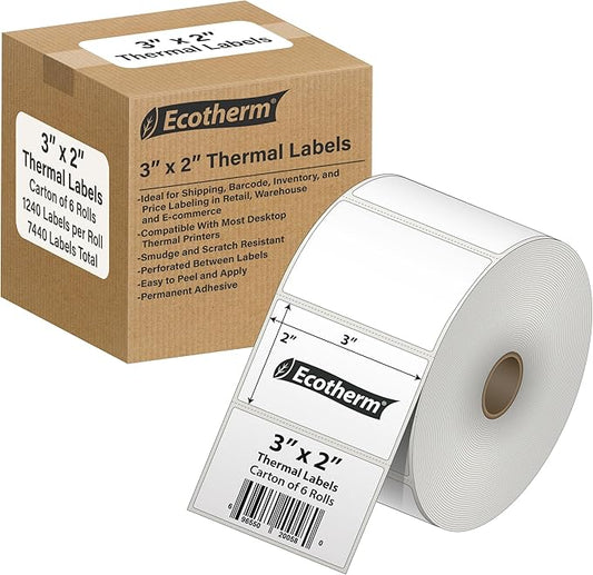 3" x 2" Thermal Labels | 6 Rolls | 7440 Labels | fits Zebra, Munbyn, Rollo, Godex, Arkscan, iDPRT, Offnova Thermal Label Printers and More | Blank White Adhesive Stickers by Ecotherm