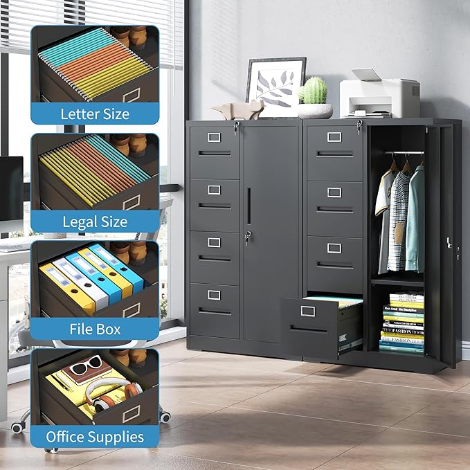 Filing Cabinets with Locks, 4 Drawers Cabinets Storage Units for Home Office, Black File Cabinet for Hanging File Folders Letter/Legal/A4/F4 Size (Easy Assemble)