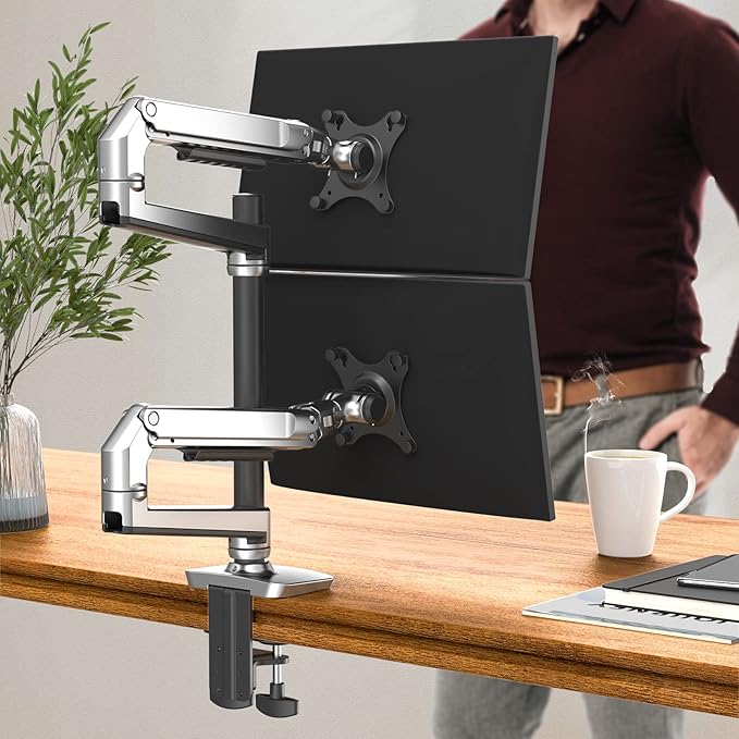 Dual Monitor Mount, Holds Screens up to 40 Inches and 25 lbs, Fully Adjustable Dual Monitor Arm with C-Clamp and Grommet Base, Aluminum, Silver