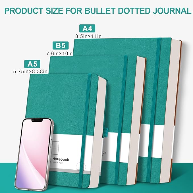 AHGXG Bullet Dotted Journal - 320 Pages Dot Grid Notebook B5 Large Journal, 7.6'' X 10'', 100gsm Thick Dotted Paper, Leather Softcover, with Journal Stencils, Inner Pocket - Cyan