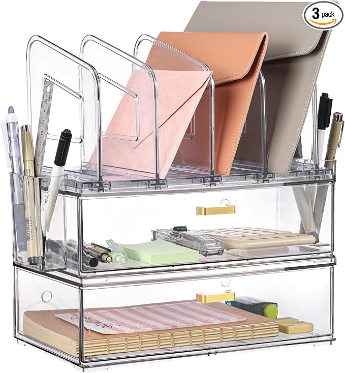 Acrylic Desk Organizer Set, 2 Pack Stackable Drawer Organizer with 4 Vertical File Sorter and 2 Pen Holders, Desktop Storage for Files, Letter, Documents, Office Supplies, Desk Accessories