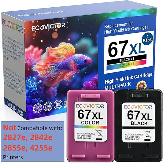 EcoVictor Remanufactured 67XL Ink Cartridge Replacement for HP Ink 67 XL HP67XL Black and Color Combo 2 Pack for DeskJet 4155e 2755e 2700 2700e 4100 4100e 2320 Envy 6000 6055 6400 6055e 6455e Printer