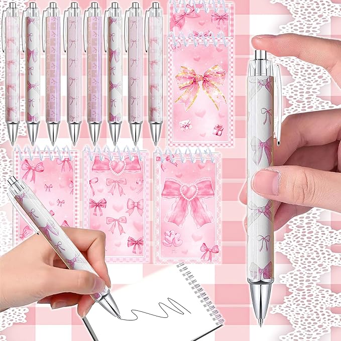 18 PCS Pink Bows Notebook Journal with Pen,Coquette Bow Pocket Notebook & Pen Set Include Ballpoint pen and Cute Small Notebook for Journaling Office Supplies