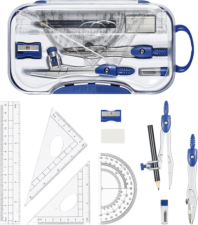 10 Pieces Math Geometry Kit Set Student Supplies with Shatterproof Storage Box,Includes Rulers,Protractor,Compass,Eraser,Pencil Sharpener,Lead Refills,Pencil,for School and Drawings（Navy Blue）