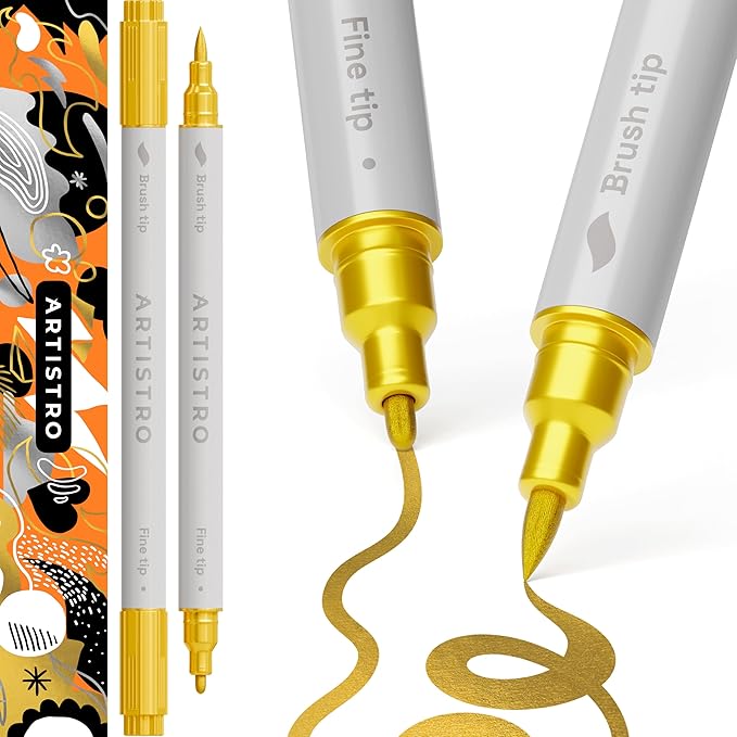 ARTISTRO 2 Gold Dual-Tip Acrylic Paint Pens - Multisurface Markers for Fabric, Plastic, & More, 1 mm Fine & Brush Tips